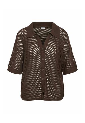 Bruine korte-mouws gebreide vest met knoopsluiting, opengewerkt mesh-patroon en een kraag.