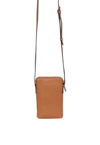 Tan leather crossbody bag with a smooth texture, rectangular shape, zip closure, and adjustable strap. Minimalist design with no visible hardware.