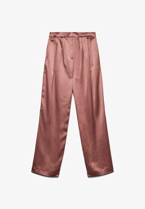 Satin-cremige, plissierte Hose in einem staubigen Rosaton mit weiter Beinform. Glatte Textur und maßgeschneiderter Bund ohne sichtbare Taschen.