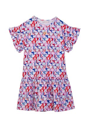 Vestito corto multicolore con maniche arricciate, motivo a tutta superficie con testo ripetuto "ESCADA" nei toni di rosso, blu, rosa e grigio.