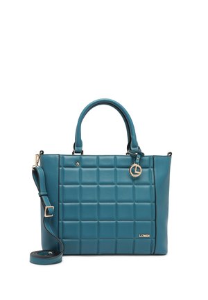 Teal quilted leather handbag with double handles, detachable shoulder strap, and gold-tone brand charm and logo on front.