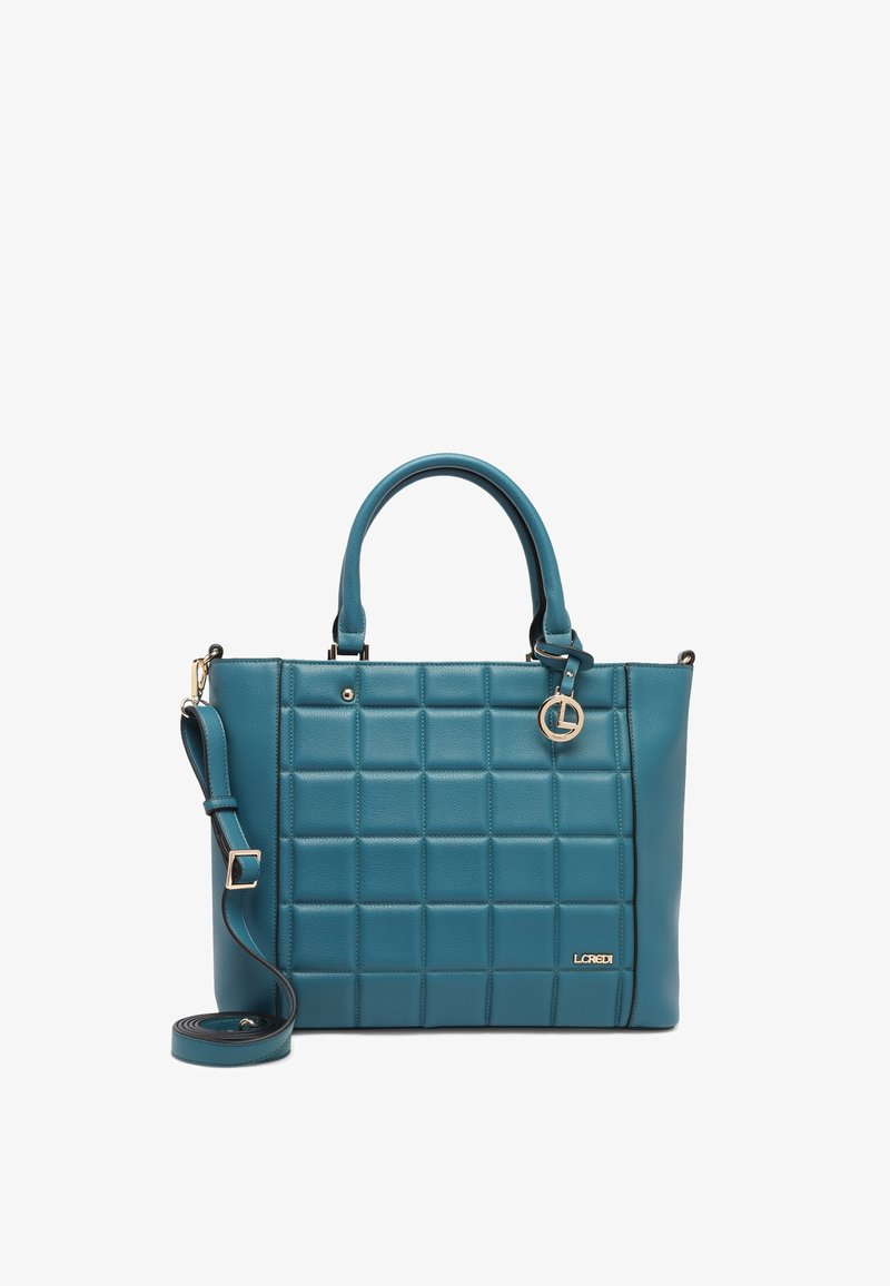 Sac à main en cuir matelassé couleur sarcelle avec doubles poignées, bandoulière amovible et charm de marque doré et logo à l’avant.