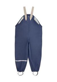 Marineblaue wasserdichte Latzhose mit beige verstellbaren Trägern, elastischen Bündchen und einem reflektierenden weißen Band. Glatte Textur und strapazierfähiges Material.