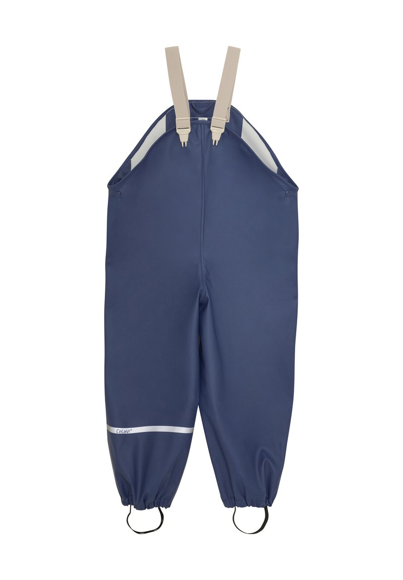 Marineblaue wasserdichte Latzhose mit beige verstellbaren Trägern, elastischen Bündchen und einem reflektierenden weißen Band. Glatte Textur und strapazierfähiges Material.