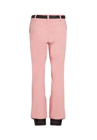 Pink ski pants with a black waistband, flared legs, and elastic cuffs. Features stitched panels and two back pockets with minimal detailing.