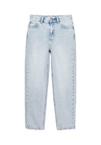 Jean bleu clair taille haute avec fermeture bouton et zip, poches avant et coupe droite.