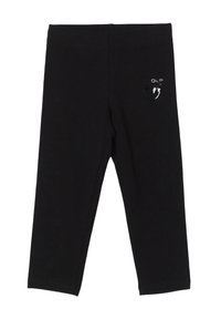 Leggings neri in cotone con fascia elastica in vita e piccolo emblema lucido sulla coscia sinistra.