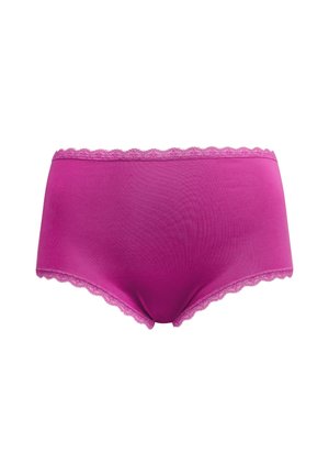 Purple women's seamless underwear with lace trim along waistband and leg openings.