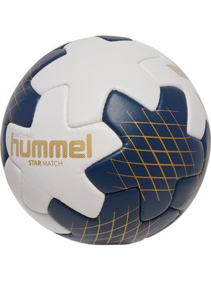 White and dark blue soccer ball with gold grid pattern and the text "hummel STAR MATCH" printed in gold.