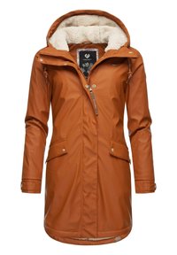 Water-resistant brown parka with a fur-lined hood, zip closure, snap pockets, and adjustable waist drawstring. Smooth exterior, soft interior.