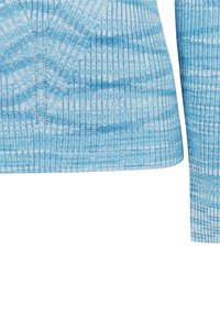 Tissu tricoté à côtes bleu et blanc présentant un motif en V et des rayures horizontales avec une transition sans couture vers un poignet à manches longues.