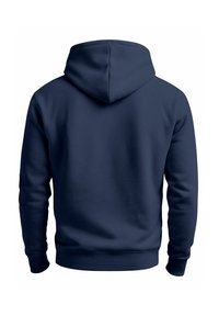 Navy blue hoodie made of soft fabric, featuring a drawstring hood, ribbed cuffs, and a regular fit. Smooth texture with no visible patterns.