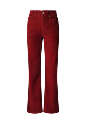 Rode corduroy flare-jeans met voorzakken, riemlussen en een metalen knoopsluiting. Zachte textuur met zichtbare verticale ribbels.
