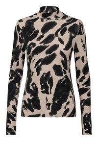 T-shirt à manches longues en tissu beige clair avec un imprimé animal abstrait noir, doté d'un col montant et d'une coupe ajustée.