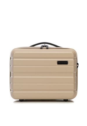 Hard-shell suitcase in beige with ribbed texture, black accents, and top handle. Features double zippers and a branded plate on the front.