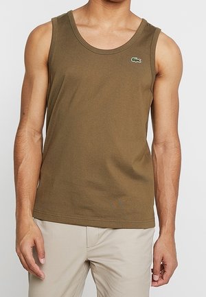 Olive green tank top made of cotton with a round neckline and Lacoste crocodile logo on the chest. Simple design, sleeveless, regular fit.