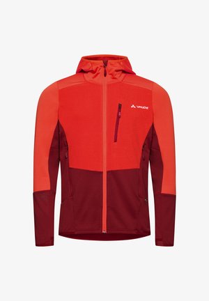 Rood en donkerrood vest met rits en een capuchon, met een gestructureerde stof, twee ritszakken en een contrasterend paneelontwerp. Bevat een reflecterende logo.