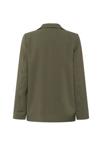 Sacou verde măsliniu cu un design structurat, textură de țesătură, mâneci lungi și guler căptușit, având un spate neted fără embellishments.