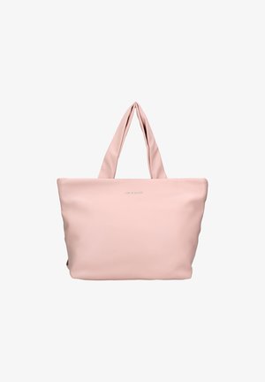 Roze tote bag gemaakt van glad, duurzaam materiaal met twee stevige handvatten en een minimalistisch ontwerp, met een subtiele logo op de voorkant.