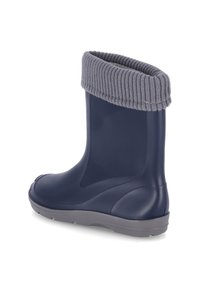 Botte de pluie en caoutchouc bleu marine avec un revers en tricot gris texturé, bout arrondi et doublure intérieure douce. Semelle flexible pour le confort.