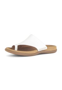 White open-toe slide sandal with a smooth leather upper and a cork insole. Features a brown rubber outsole and woven detail on the side.