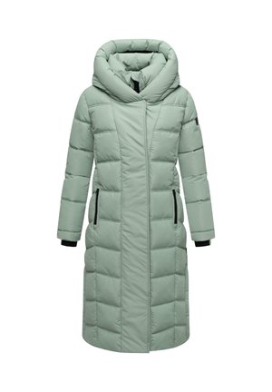 Cappotto imbottito verde chiaro con colletto alto, chiusura con zip e due tasche laterali. Presenta un design lungo e aderente con dettagli neri sui polsini.