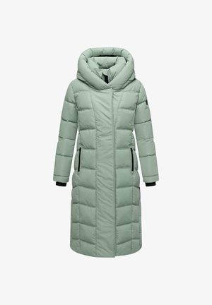 Lys grønn puffjakke med høy krage, glidelås og to sidelommer. Har en lang, tettsittende design og svarte detaljer på mansjettene.