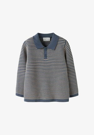 Polo à manches longues en maille avec col bleu et patte de boutonnage, présentant un motif rayé horizontal beige et bleu.