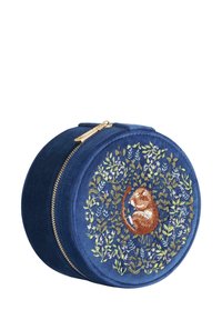 Round navy velvet case with gold zipper. Features floral embroidery and a brown rodent design in the center. Soft texture and compact shape.