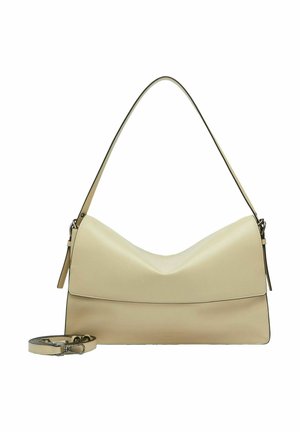 Sac à bandoulière en cuir beige avec rabat pliant, poignée attachée et sangle amovible posés à côté sur un fond blanc.