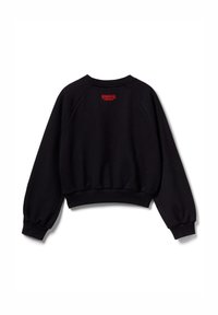 Černá krátká mikina s dlouhým rukávem a žebrovanými manžetami a lemem, s malým červeným logem "Stranger Things" na horní části zad.