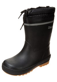 Botte en caoutchouc noire avec une semelle texturée, cordon de serrage en haut pour ajuster la taille, et une bande d'accent grise. Surface extérieure lisse.