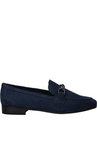 Navy blue suede loafer with a stitched seam, metal accent on the apron, and a small heel. Smooth texture and classic design.