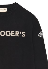 Maglione nero a maglia con logo ricamato bianco con la scritta "ROGER'S" e una toppa triangolare bianca con logo sulla manica sinistra.