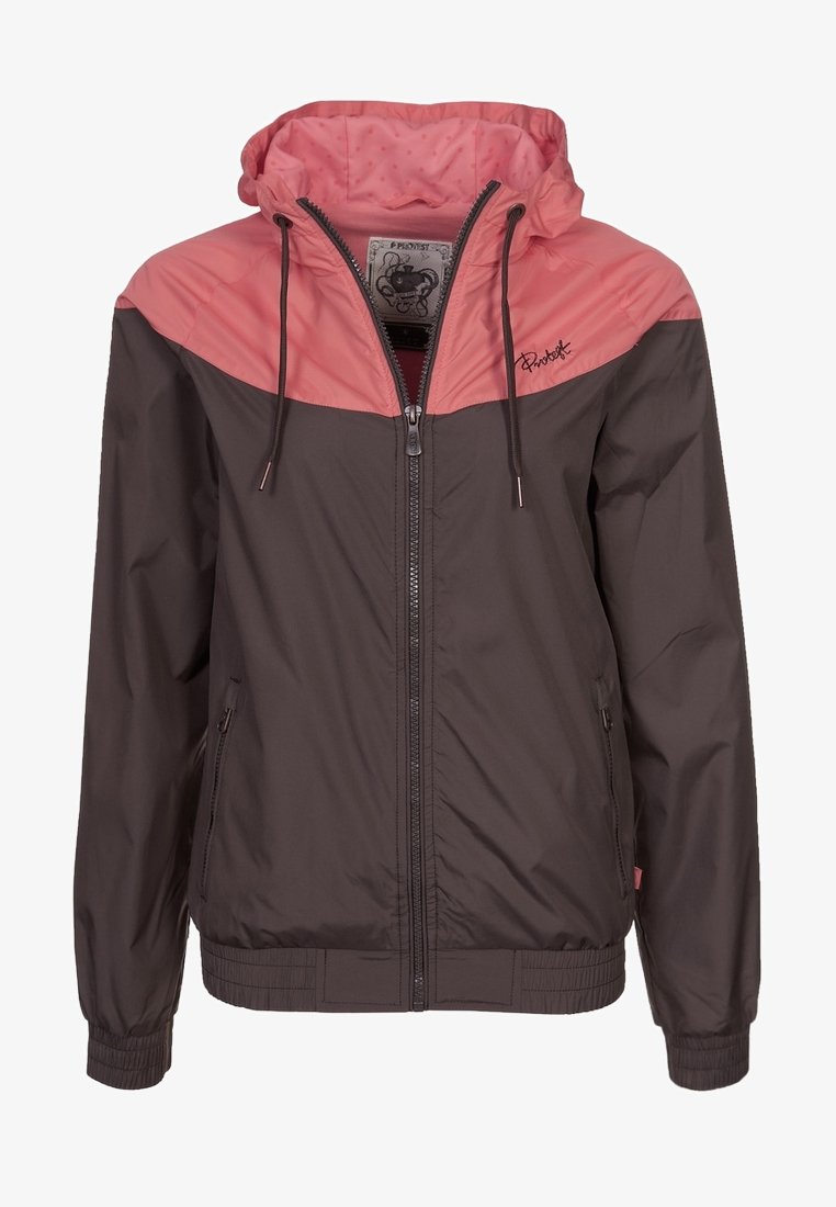 Veste coupe-vent bicolore pour femme avec capuche et partie supérieure roses, corps et manches marron, fermeture éclair frontale et poches latérales zippées.