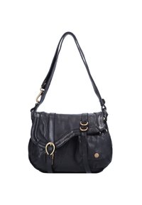 Borsa a tracolla nera in pelle con design a pattina, tracolla regolabile e dettagli in metallo dorato. Presenta tasche laterali e una superficie texture.