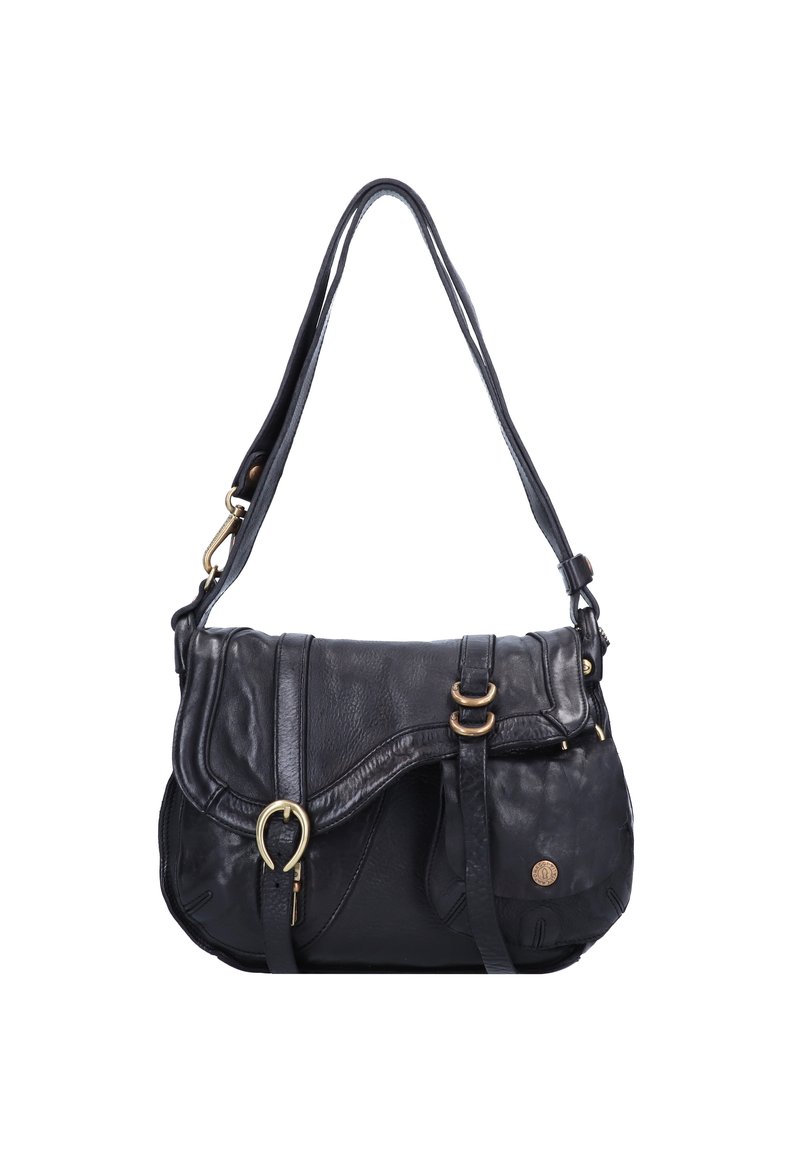 Borsa a tracolla nera in pelle con design a pattina, tracolla regolabile e dettagli in metallo dorato. Presenta tasche laterali e una superficie texture.