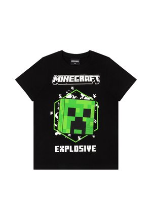 Black Minecraft t-shirt with pixelated green Creeper face, white text "MINECRAFT" above and "EXPLOSIVE" below the graphic.