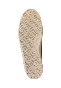 Suela de zapato de goma blanca con un patrón de relieve en zigzag, que presenta un logotipo circular y la inscripción de tamaño "43" cerca del talón. Textura suave.