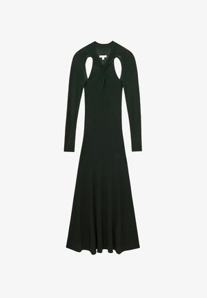Langes schwarzes Kleid mit langen Ärmeln, verdrehtem Knoten-Detail an der Brust und Ausschnitt-Design an den Schultern.