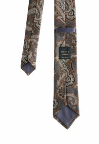 Grau gemusterte Krawatte mit braunen und silbernen Akzenten, aus strukturiertem Stoff. Verfügt über die kontrastierende einfarbige lila Rückseite und ein Markenetikett.