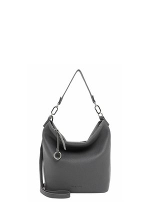 Gray leather handbag with a relaxed shape, top handle, and detachable strap. Features a cinched opening and silver hardware accents.