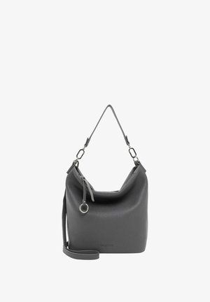 Gray leather handbag with a relaxed shape, top handle, and detachable strap. Features a cinched opening and silver hardware accents.