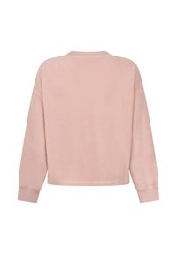 Lichtroze fleece sweatshirt met een ronde hals en lange mouwen. Heeft een relaxte pasvorm en een gladde textuur, met ribbels aan de mouwen.