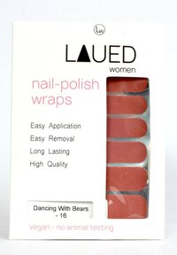 Nagel-Designfolien in einem durchsichtigen Rosaton, präsentiert auf einem klaren Träger. Die Verpackung enthält den Produktnamen und hebt die einfache Anwendung sowie Entfernung hervor.