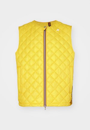 Quilted yellow vest with a front zipper, featuring a multi-colored stripe along the zipper and no sleeves. Lightweight material.