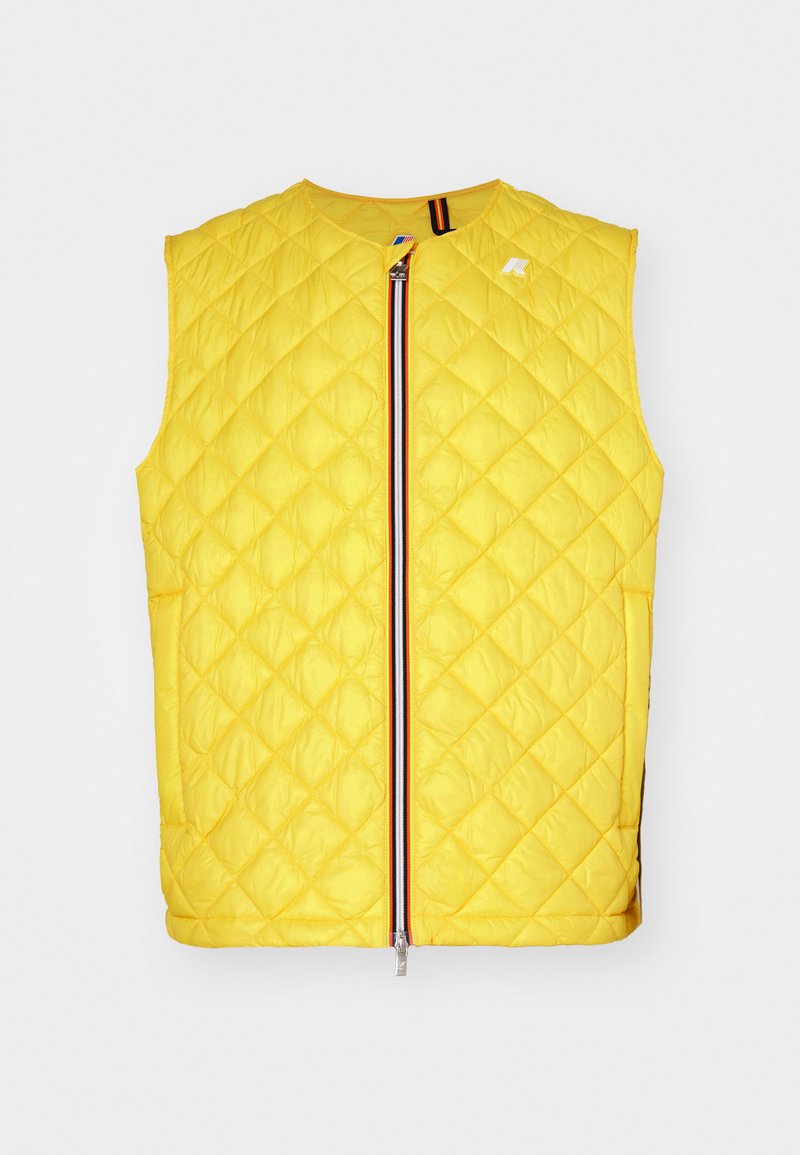 Quilted yellow vest with a front zipper, featuring a multi-colored stripe along the zipper and no sleeves. Lightweight material.