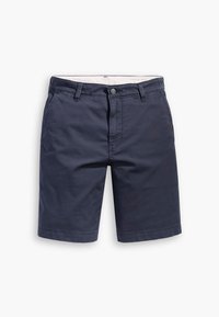 Mörkblå bomullsshorts med slät framsida, vanlig midja och sidofickor. Har en enda knapp fram och bältesöglor.