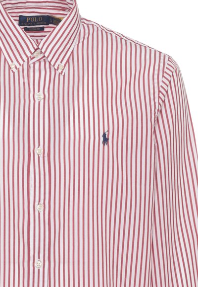 White button-up shirt with vertical red stripes and blue embroidered Polo Ralph Lauren logo on the chest.