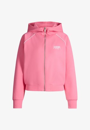 Sweat à capuche zippé rose avec capuche, manches longues, poignets et ourlet côtelés, passepoil blanc sur les épaules, et logo "JOOP! JEANS" sur la poitrine.
